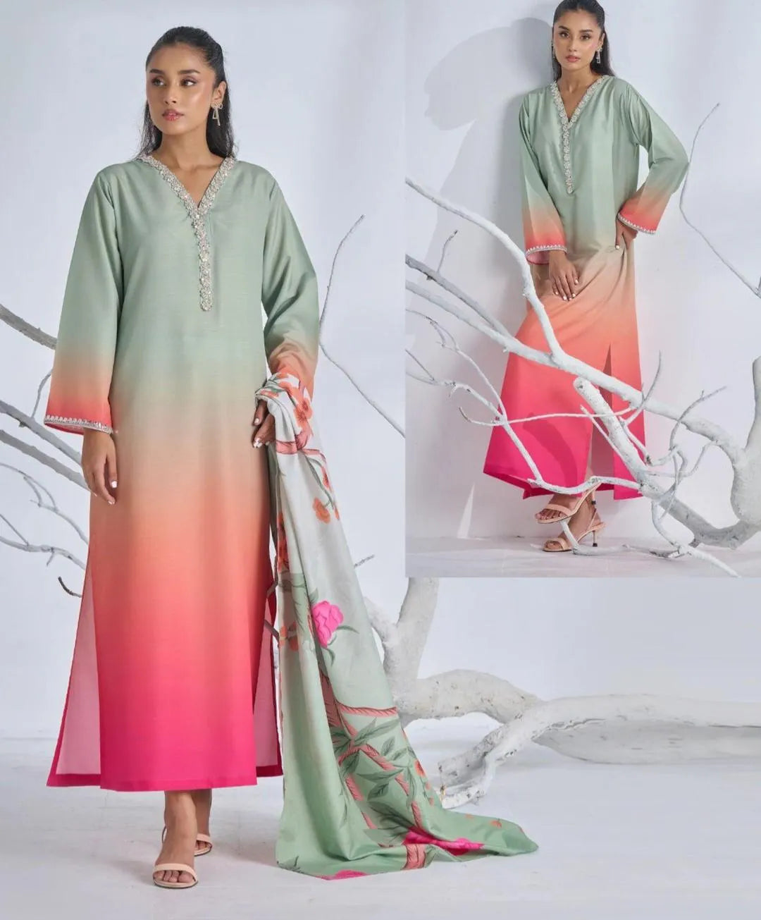 3 Pcs Women's Stitched Suit in Multicolor Swiss Lawn with Printed Dupatta