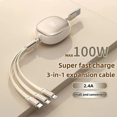 3 in 1 Charging Cable 100W Fast Charging Cable | Type-C, iPhone, Micro USB Durable & Compact