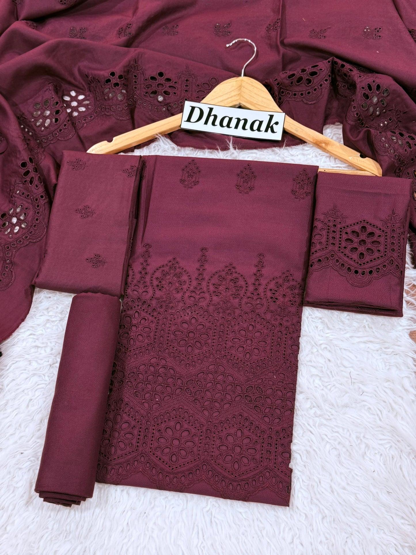 Dhanak 3pc Schiffli Boring Heavy Embroider