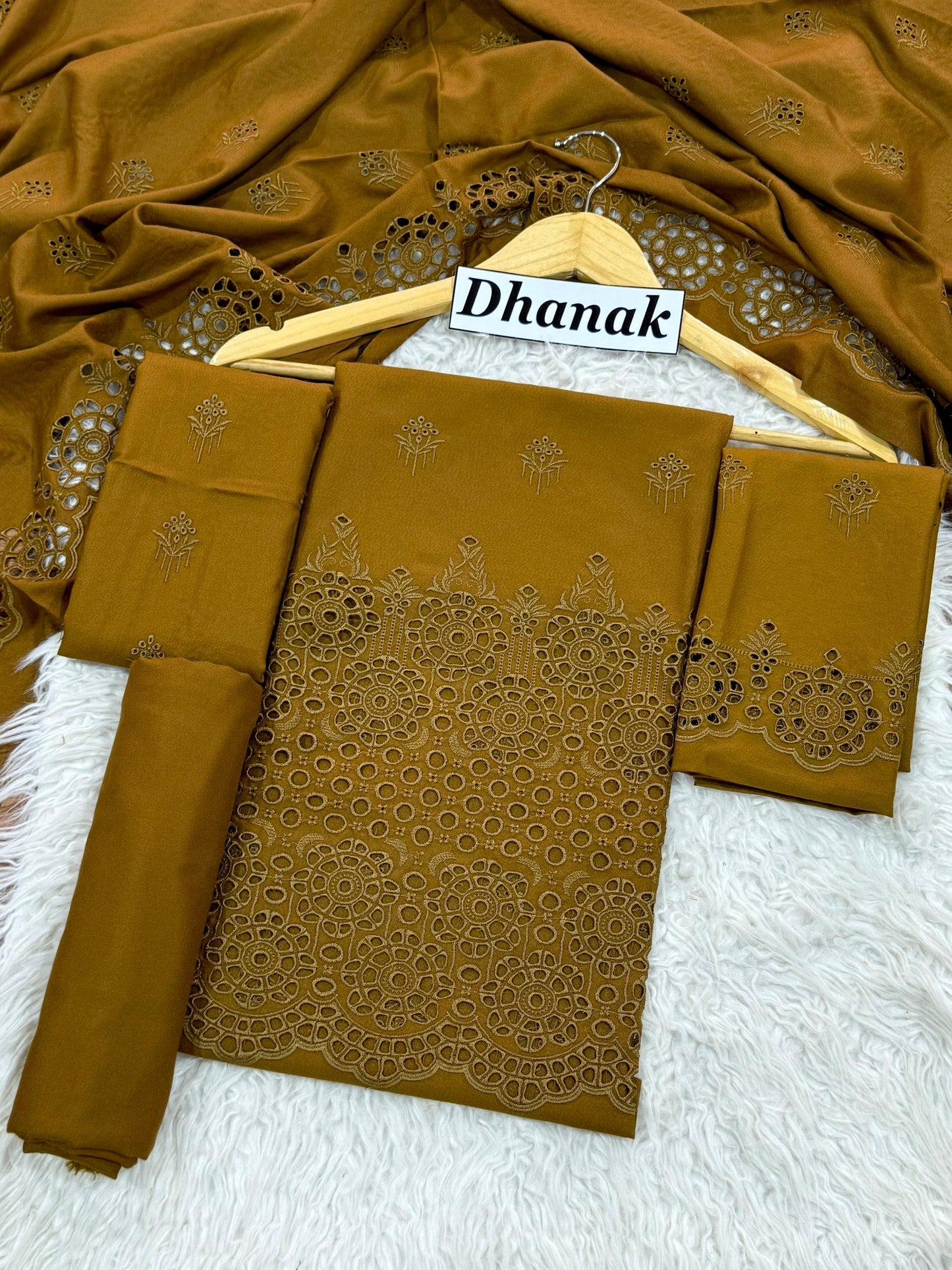 Dhanak 3pc Schiffli Boring Heavy Embroider