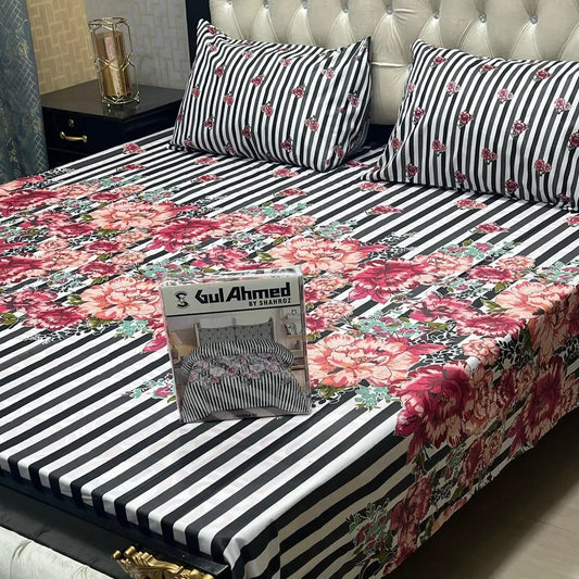 3 Pcs Mix Cotton Printed Double Bedsheet