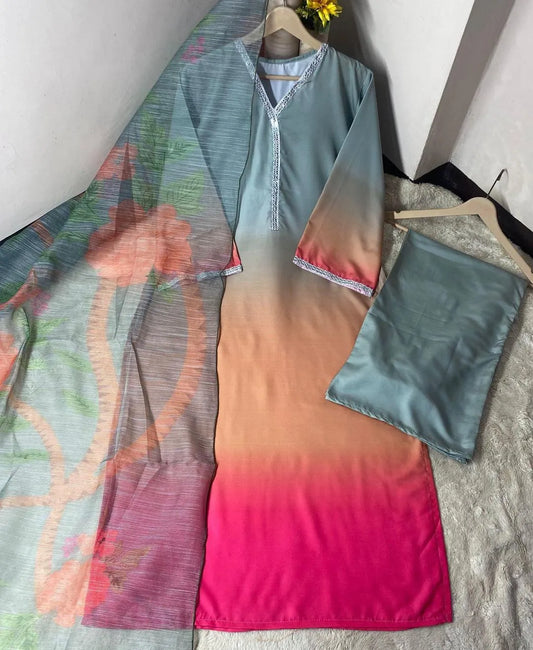 3 Pcs Women's Stitched Suit in Multicolor Swiss Lawn with Printed Dupatta