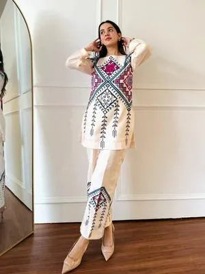 2 Pcs Women's Stitched Swiss Lawn Printed Shirt And Trouser
