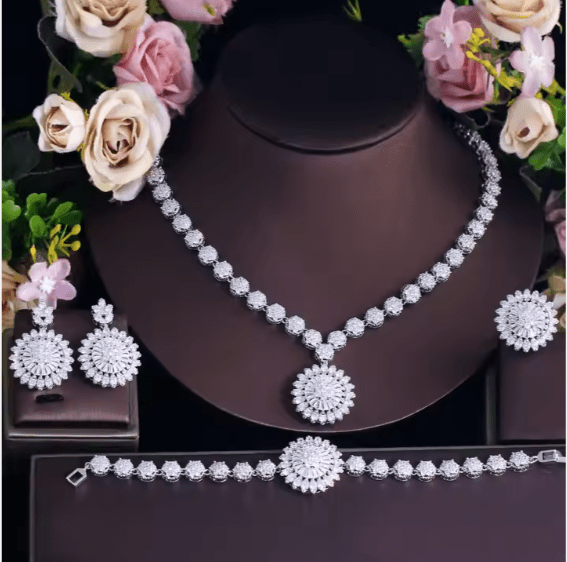 Elegant Zircon Jewelry Set: Sparkling Necklace, Earrings, Ring, Bracelet for Women